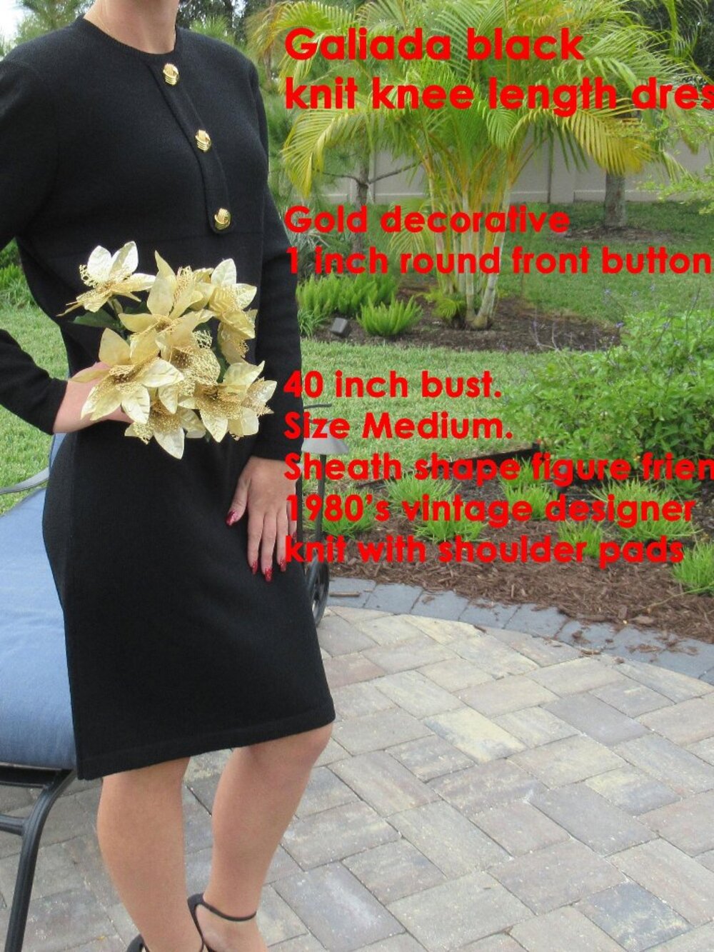 40" bust knit dress, Galiada, Black w/ gold decorative 1" round front buttons
